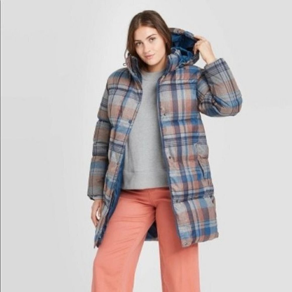 A New Day Water Resistant Quilted Blue/Gray LongLine Plaid Puffer Jacket Size S